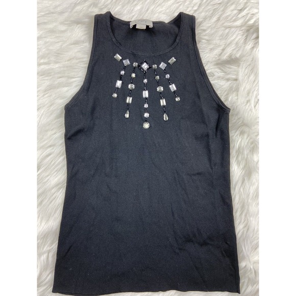 ANN TAYLOR LOFT Size‎ Xs Black Jeweled Neck Tank Top Stretch Knit - Picture 1 of 4
